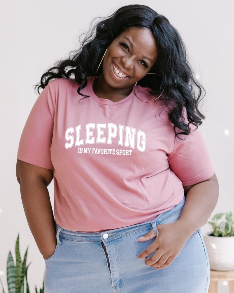 Front of a model wearing a size 2XL Sleeping Is My Favorite Sport in Mauve by Simply Sage Market. | dia_product_style_image_id:281591